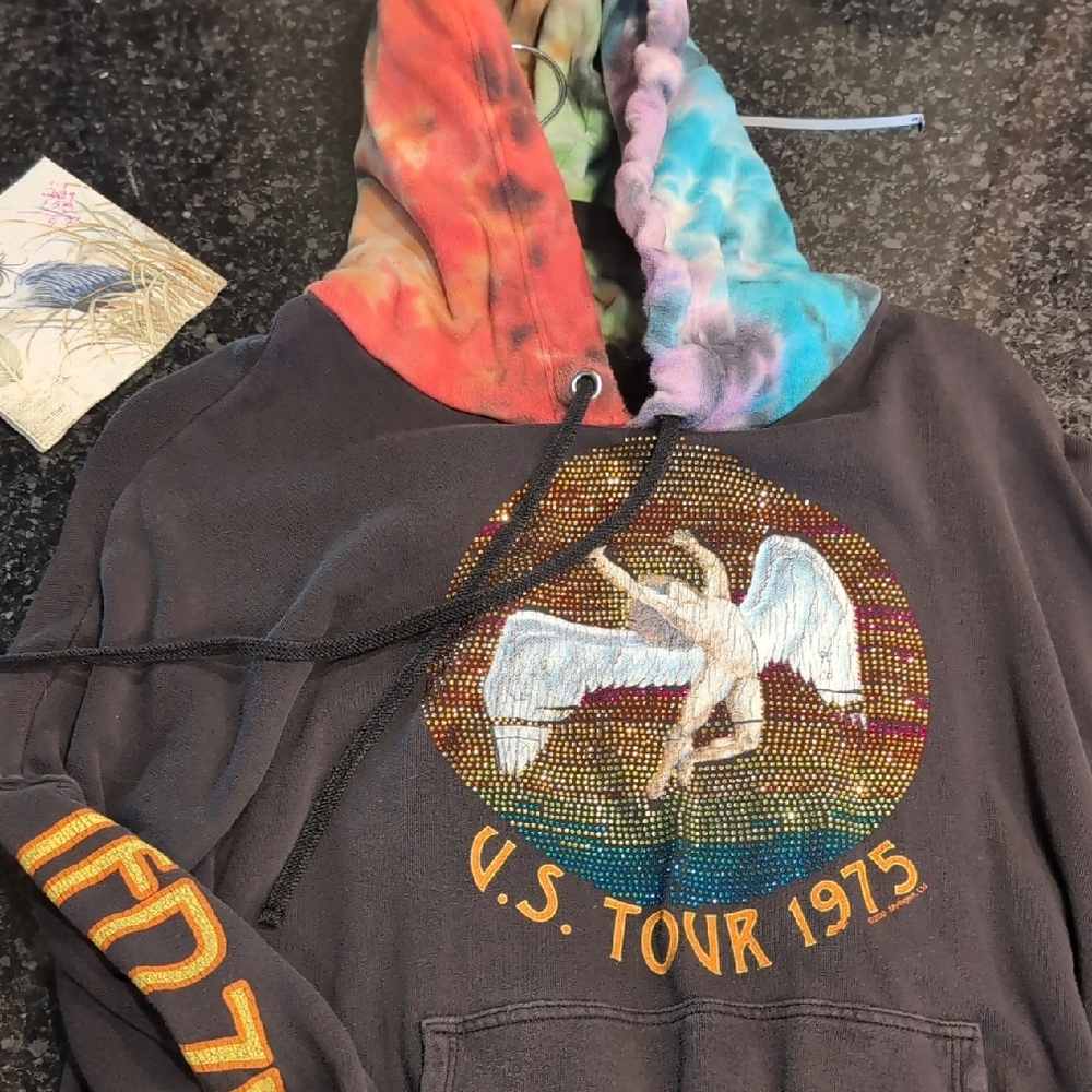 Lauren Moshi Led Zeppelin Black Hoodie with Angel  Tie-Dye Hood Crystal Embel - Picture 6 of 7